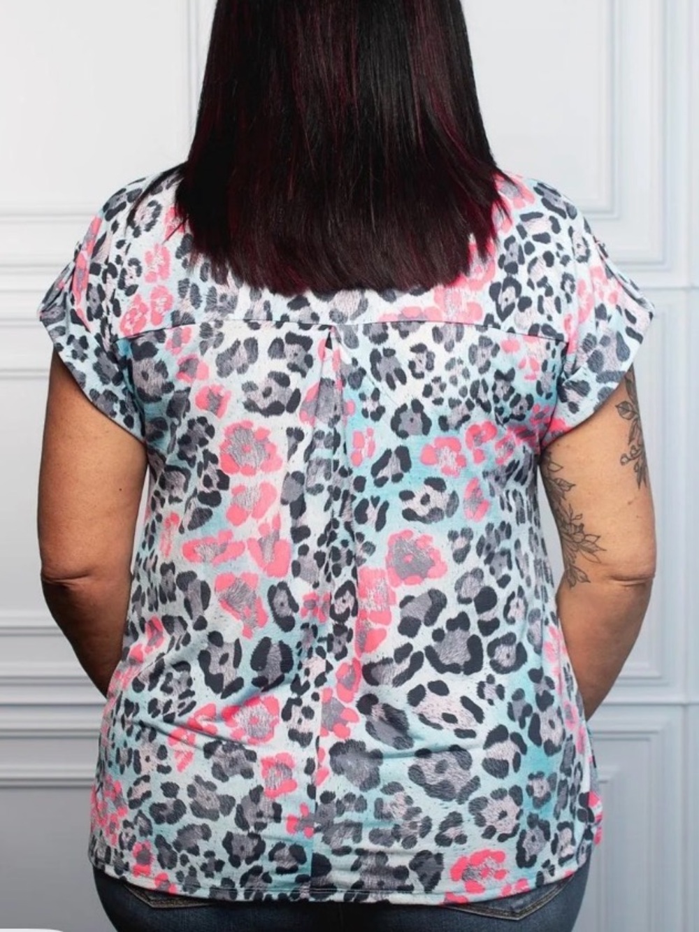 Leopard Print Split-Neck Women’s Lightweight Top in Sky Blue Cheetah - Picture 2 of 3